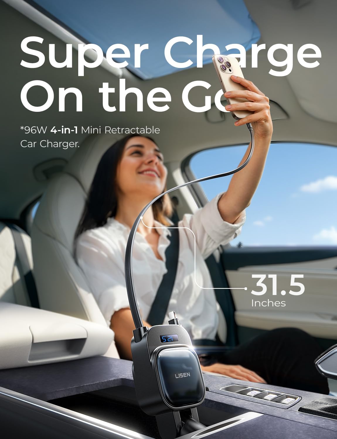 Thumbnail 4 de LISEN 96W Retractable USB‑C Car Charger Adapter — 4‑in‑1, 180° Rotating 96W Power Hub
