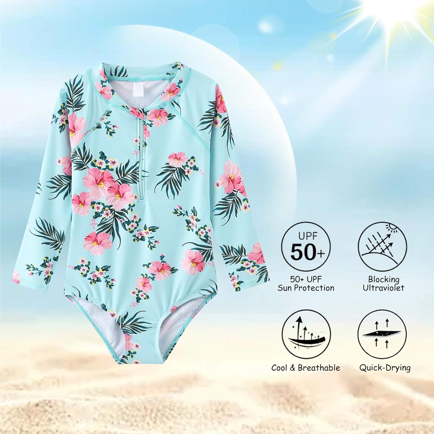 Thumbnail 2 de Aisyee Girls Long Sleeve Swimsuit Kids One Piece Beach Rash Vest (Age 5-16)