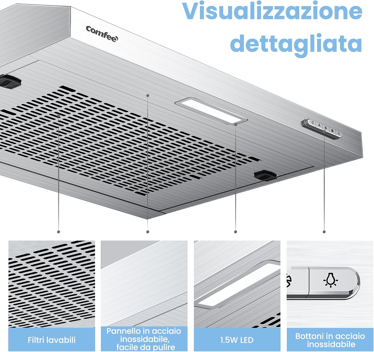 Detalle de COMFEE Cappa Aspirante 60 cm Sottopensile 200 m³/h, 3 Velocità, Argento