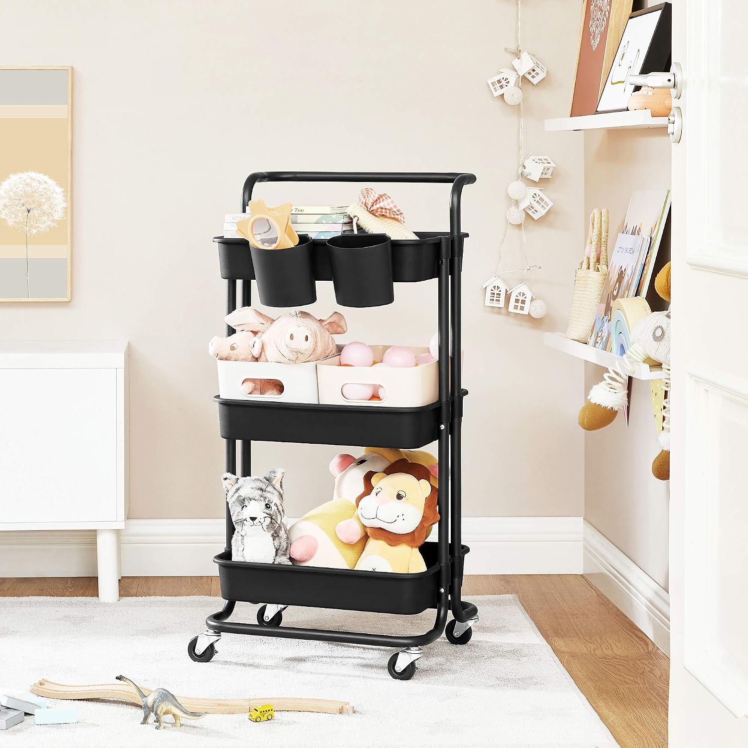 Detalle de SONGMICS BSC067B01 3-Tier Rolling Cart with Steel Frame and Plastic Baskets