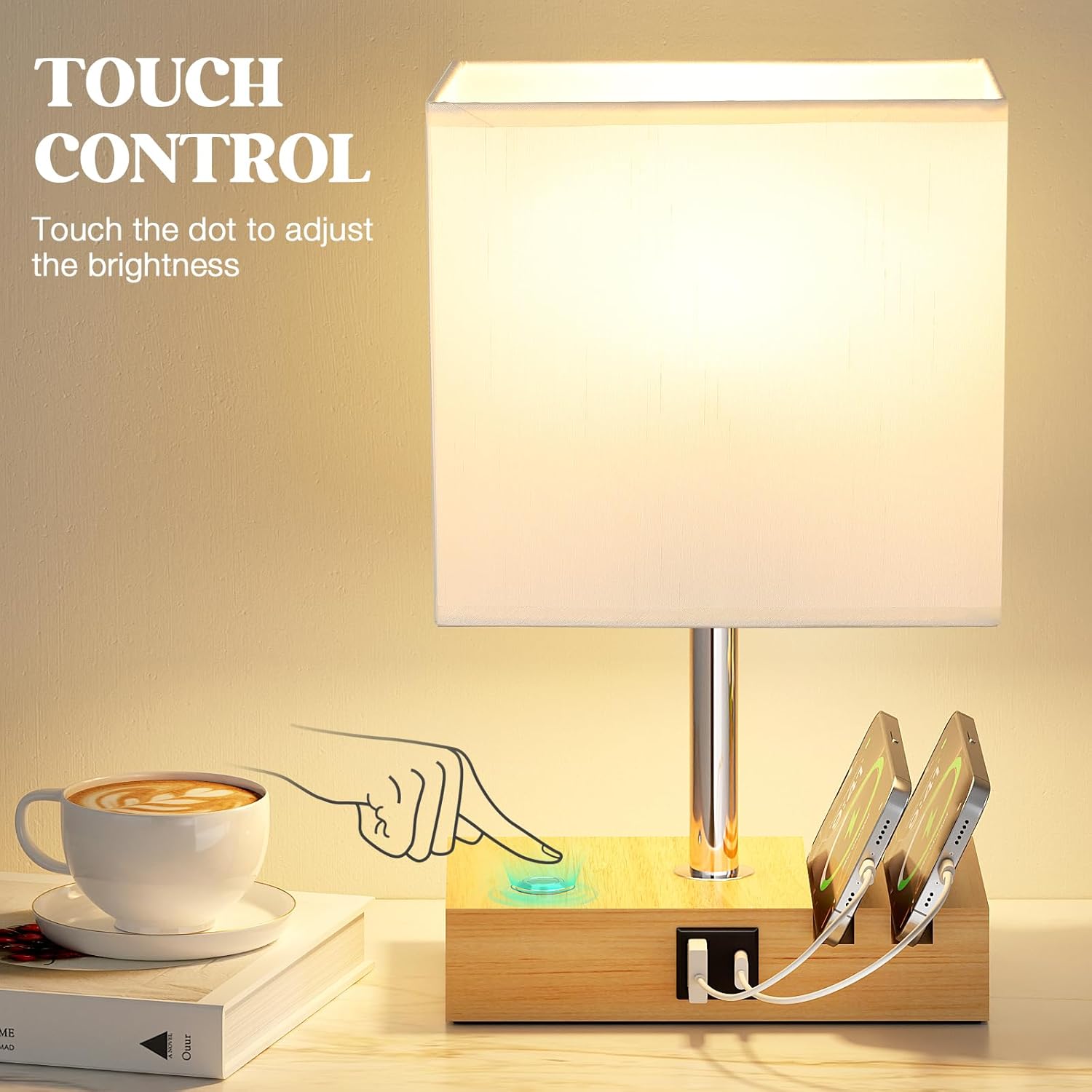 Detalle 2 de PreeOtti Bedside Wooden Lamp with USB A+C ports