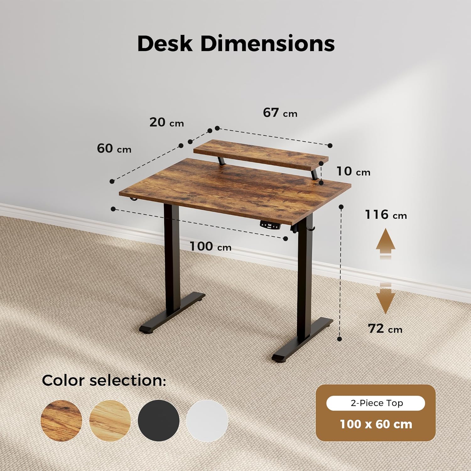 Thumbnail 1 de Agilestic Electric Standing Desk with Movable Monitor Stand (100 x 60 cm, Rustic Brown) – Two Memory Presets