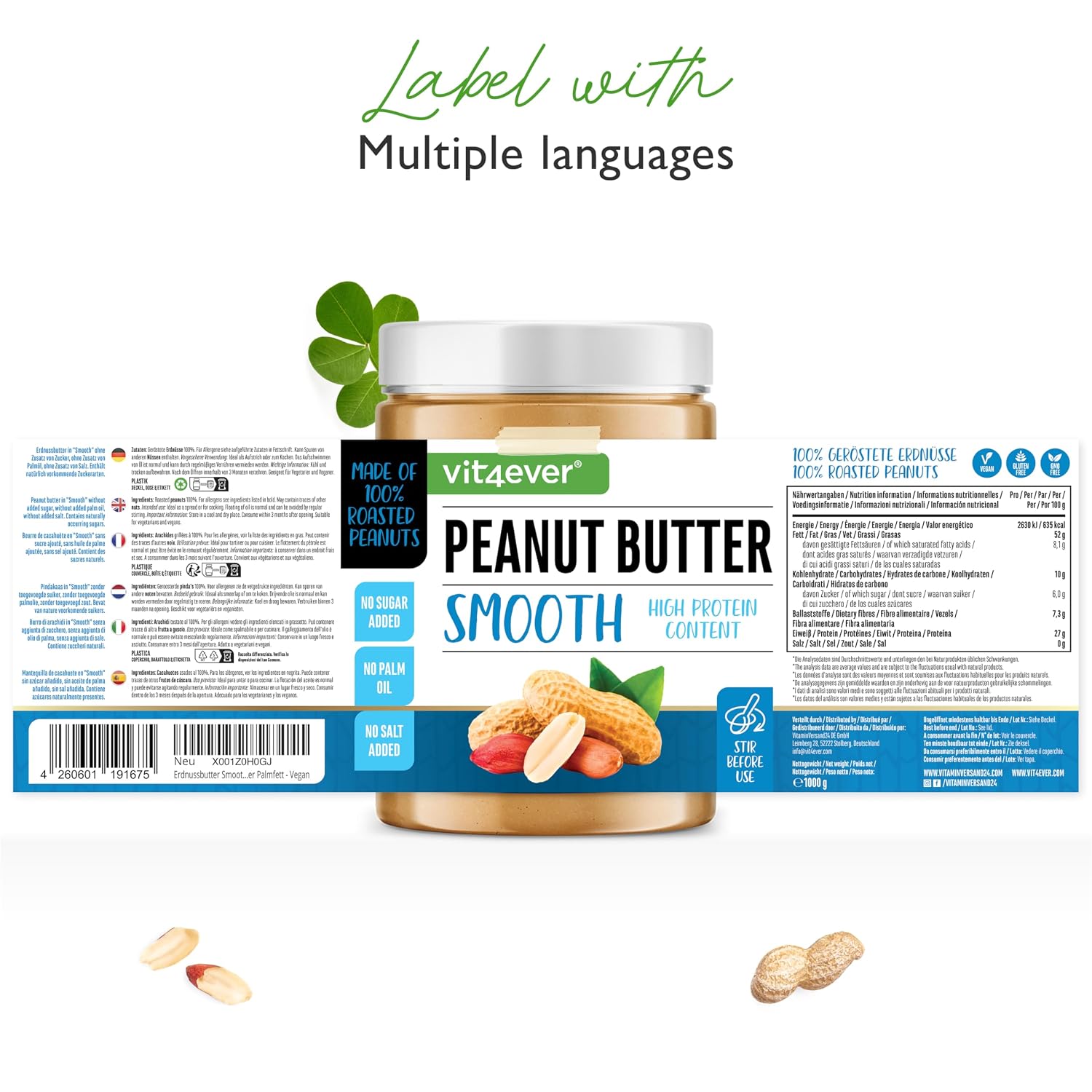 Detalle 2 de Vit4ever Erdnussbutter Smooth – 1 kg natürliche Peanut Butter ohne Zusätze, High Protein, vegan