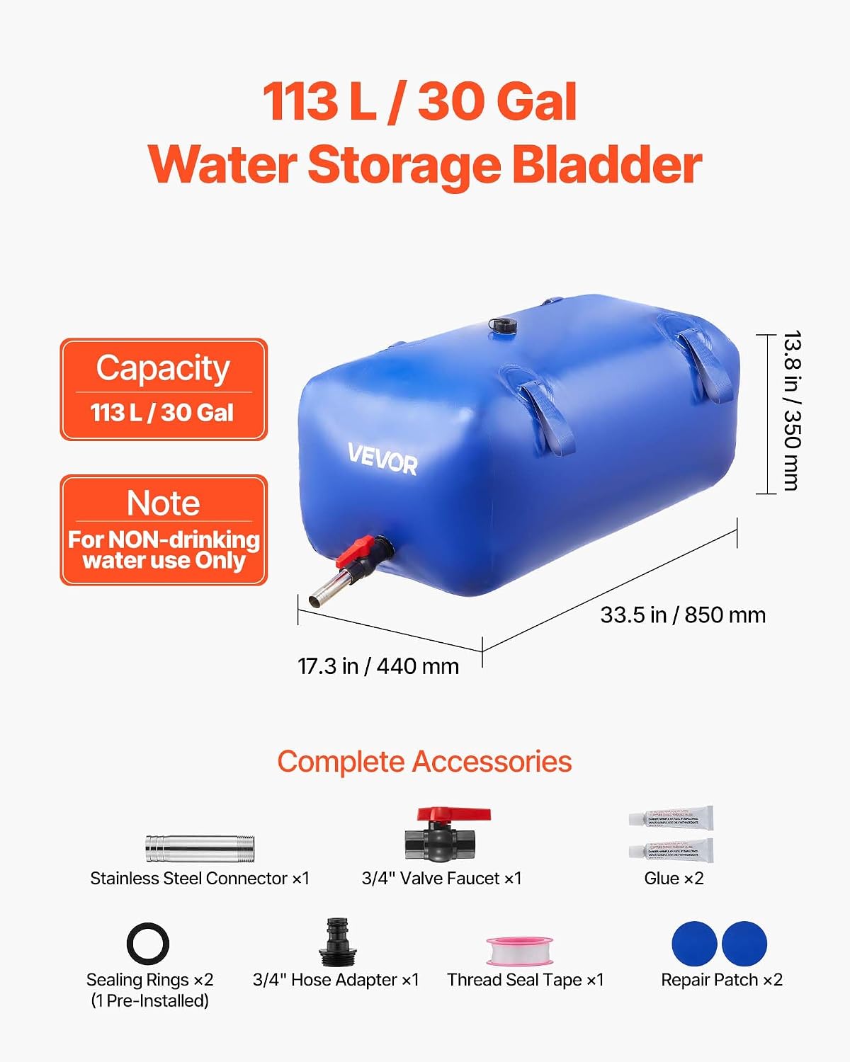 Detalle de VEVOR Réservoir d’eau souple pliable 113 L (113 litres) pour jardin, camping et urgence