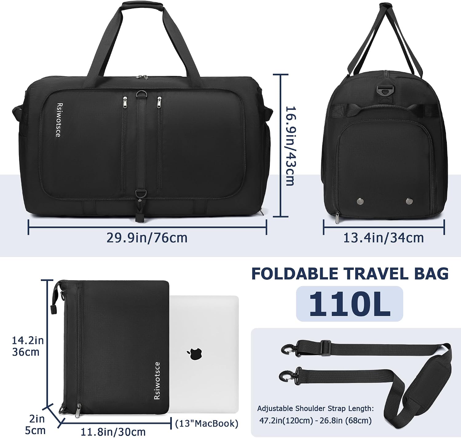 Detalle 2 de Rsiwotsce faltbare Reisetasche 110 l mit Schuhfach – wasserdicht, mit Trolley-Hülle