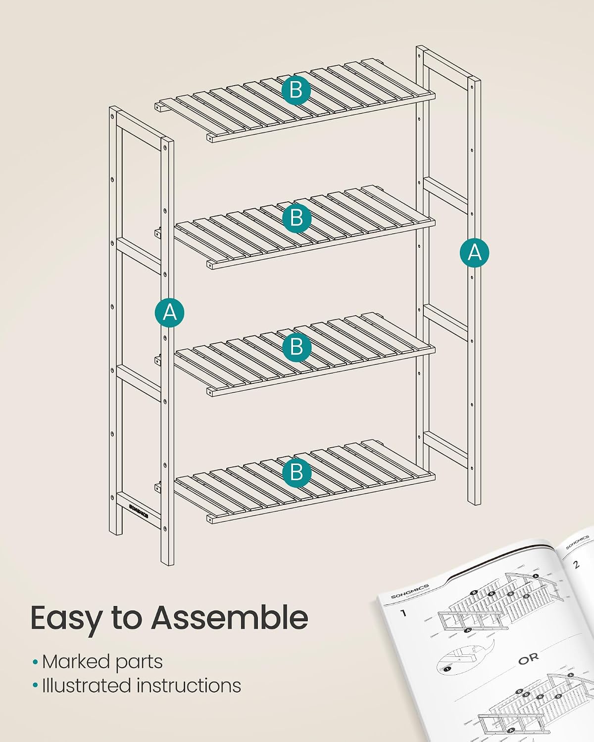 Thumbnail 6 de SONGMICS BCB034N01 4-Tier Bamboo Storage Shelf, 60 x 26 x 100 cm