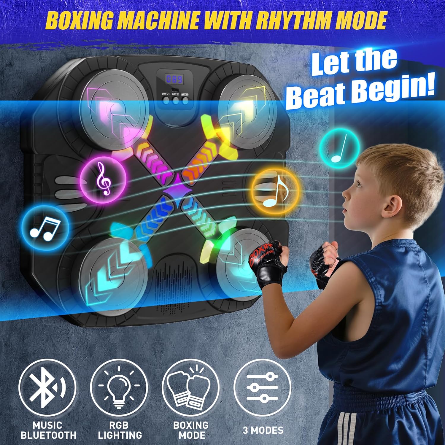 Detalle de Esnowlee Music Boxing Machine for Kids: Wall-Mounted Bluetooth Punch Pad with Gloves (3–12 years)