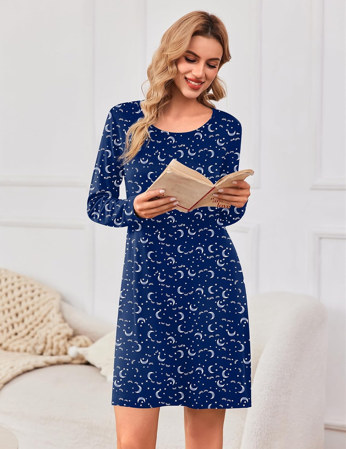 Detalle de Ekouaer 3-Pack Women's Long-Sleeve Nightgowns in Soft Stretch Fabric
