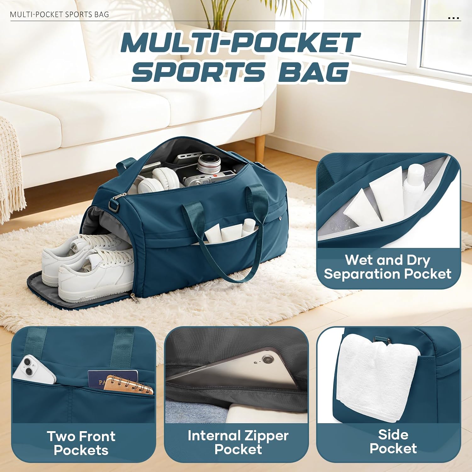 Thumbnail 2 de WEPLAN Sports Gym Bag (Womens Mens) Weekend Duffle with Shoe Compartment, Wet Pocket & 28.8L Capacity