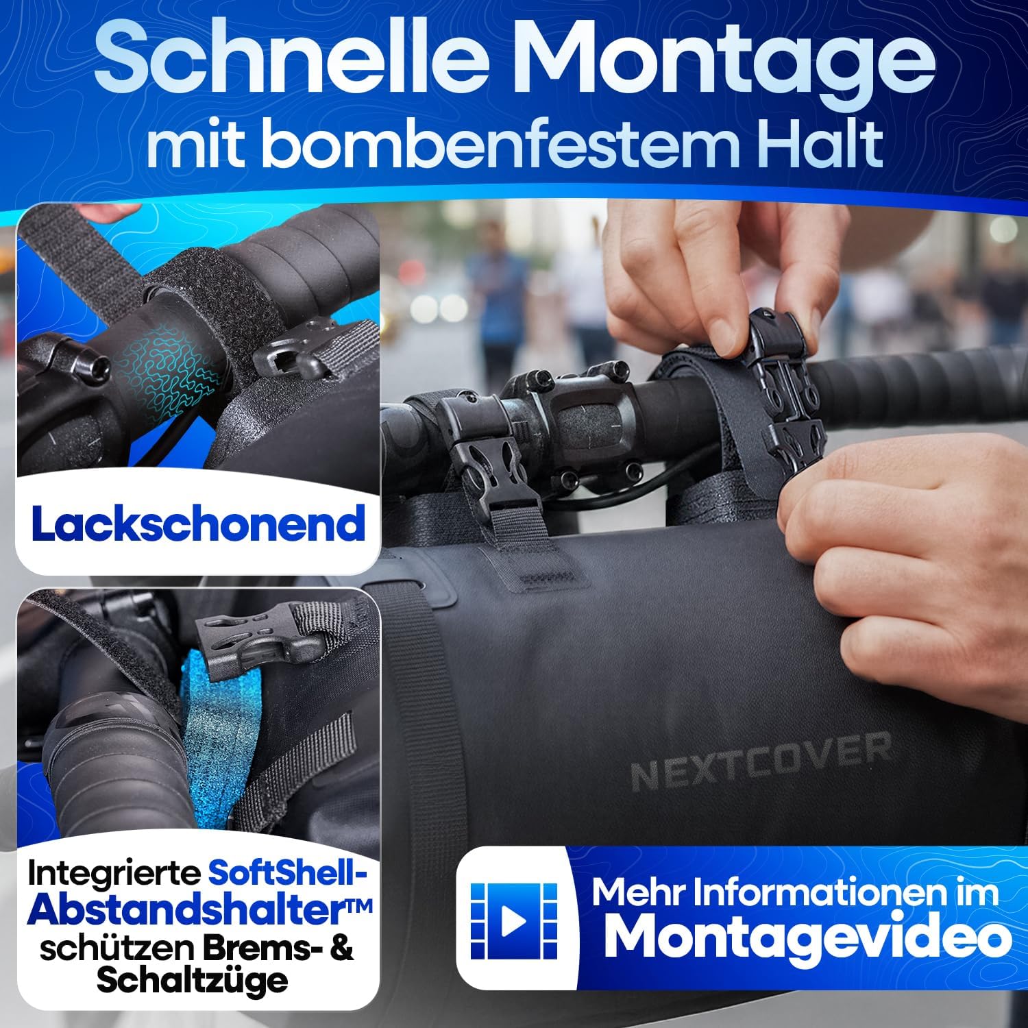 Detalle de Nextcover® Bikepacking Lenkerrolle 10L – Wasserdichte Lenkerstasche für Gravelbike, MTB und Rennrad