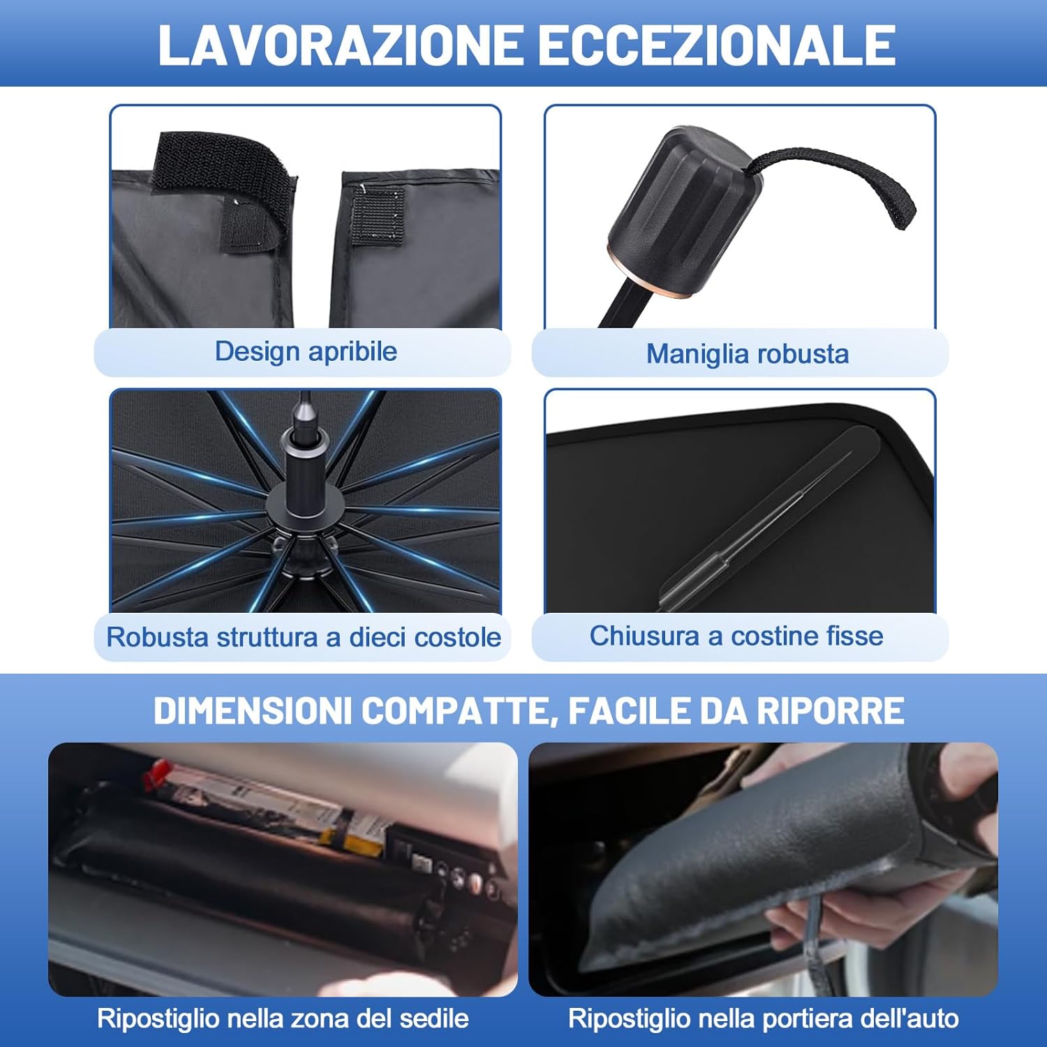 Thumbnail 3 de Beurseaf Parasole Auto Parabrezza pieghevole tipo ombrello, universale (140 x 80 cm), blocco UV fino al 98,7%