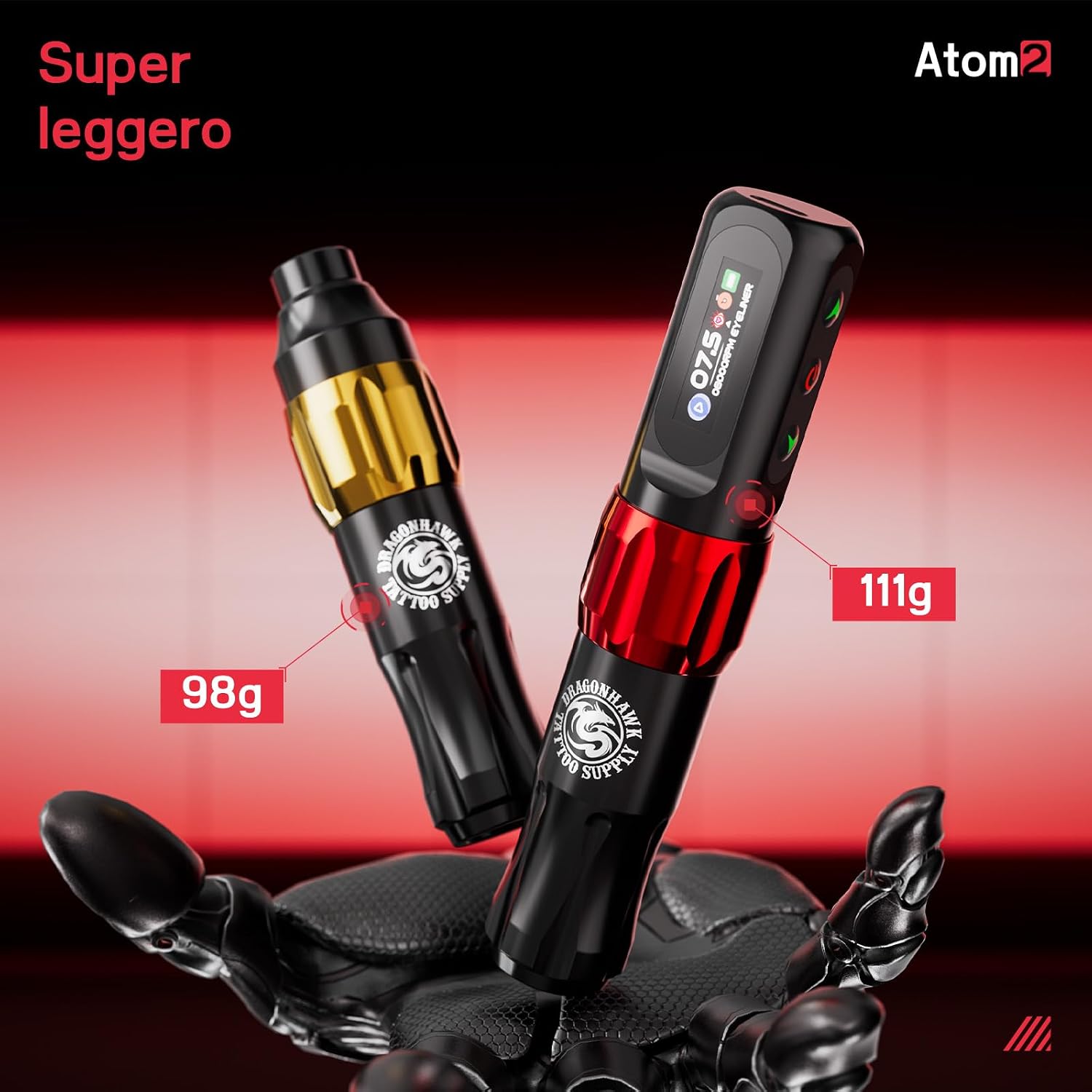Detalle 2 de Dragonhawk Atom2 Wireless Tattoo Machine penna per tatuaggi con display e modalità