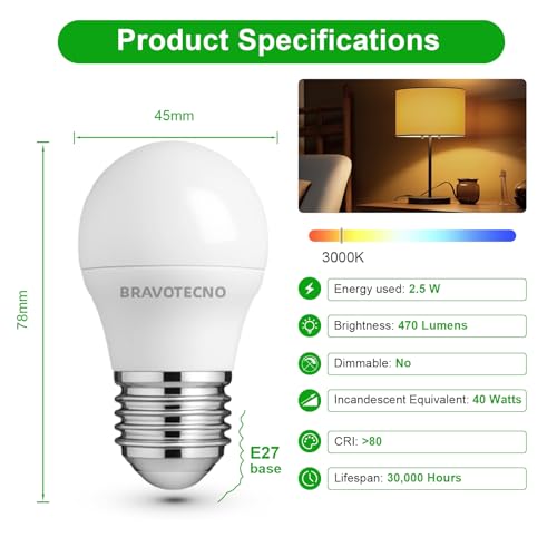 Detalle de Bravotecno Ampoule E27 LED 2,5W 3000K G45 – Pack de 6, lumière chaude et efficace