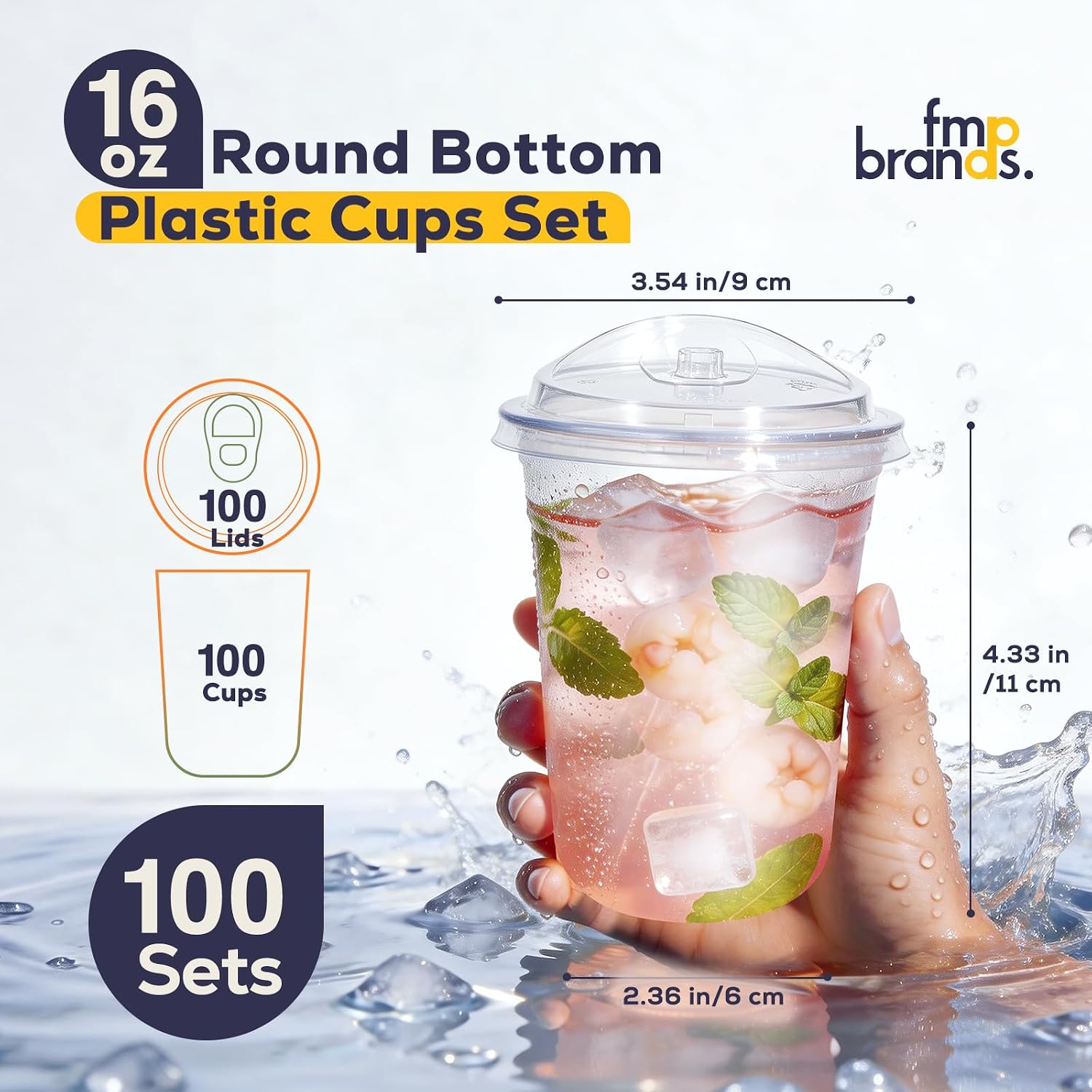 Thumbnail 1 de Fit Meal Prep 100 Pack 16 oz Round Bottom Clear Plastic Cups with Strawless Sip Lids