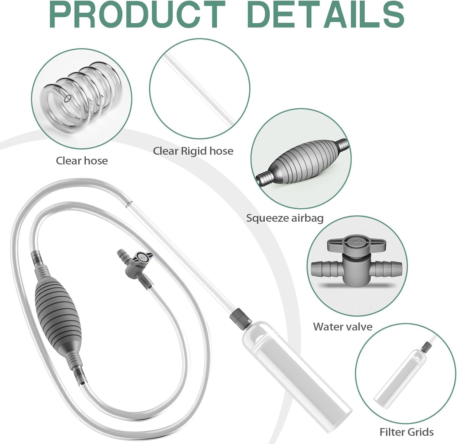 Detalle 2 de ZYQUES 3 in 1 Fish Tank Syphon Pump Kit (260 cm) with gravel cleaner, filter grid and air-pressing button