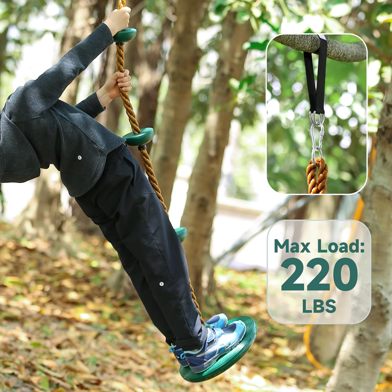 Thumbnail 4 de Climbing Rope Swing Set with Platforms & Disc Seat (Playground Accessories) + Hanging Strap & Locking Carabiner