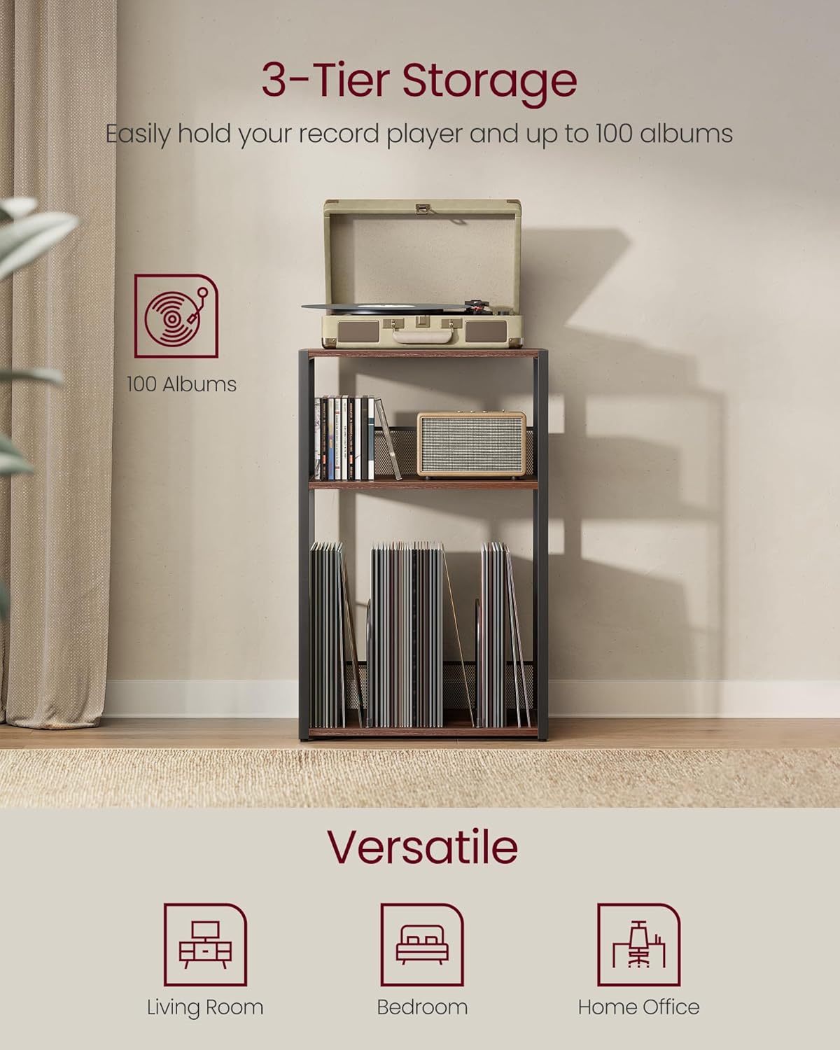 Thumbnail 3 de VASAGLE Record Player Stand, 3-Tier Side Table (ULET275K02) — A Quietly Rugged Home for Your Turntable, Records, and Daily Essentials