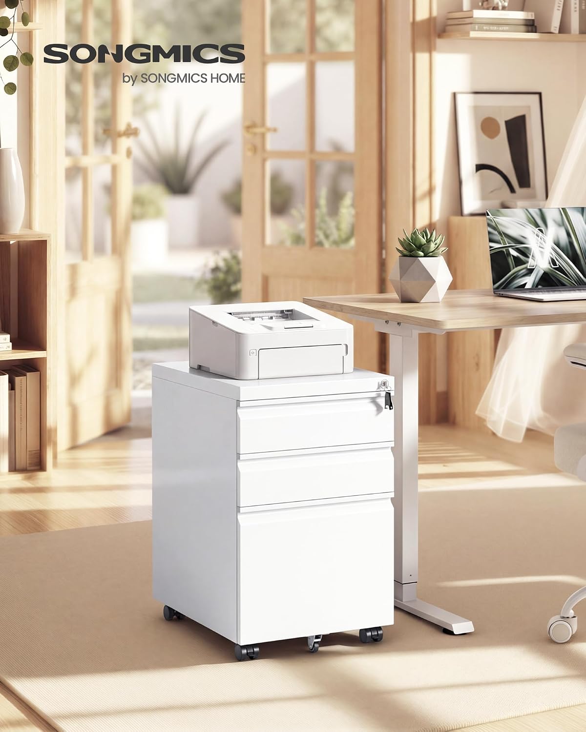 Detalle 2 de SONGMICS OFC033W101 Büroschrank mit 3 Schubladen, Stahlgestell, mattweiß – Rollcontainer mit Druckerhalter