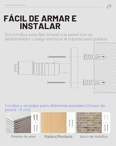 Detalle 2 de Donner Paquete de 2 colgadores de pared para guitarra con bloqueo automático — negro