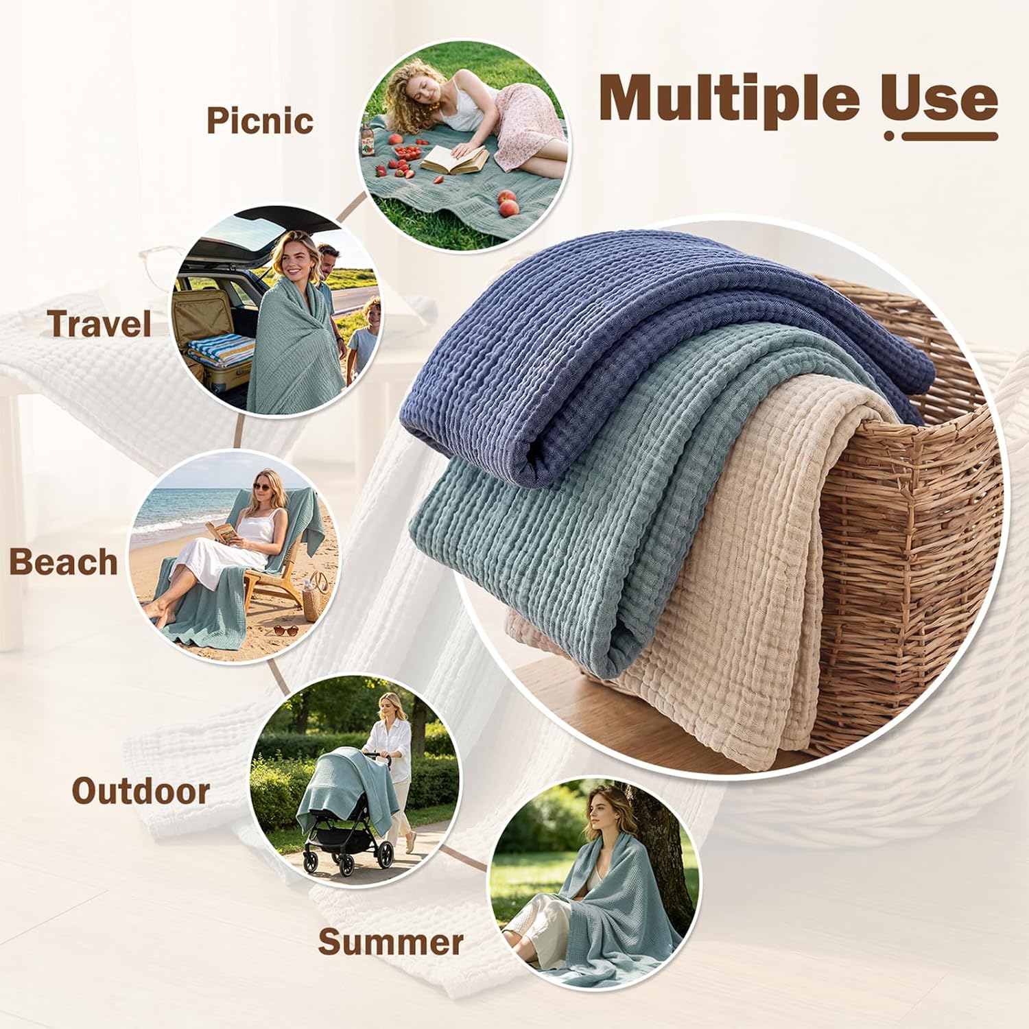 Thumbnail 6 de EMME Muslin-EMC4CR7N6 Cotton Muslin Blanket, Queen 90" x 90", Heather Teal