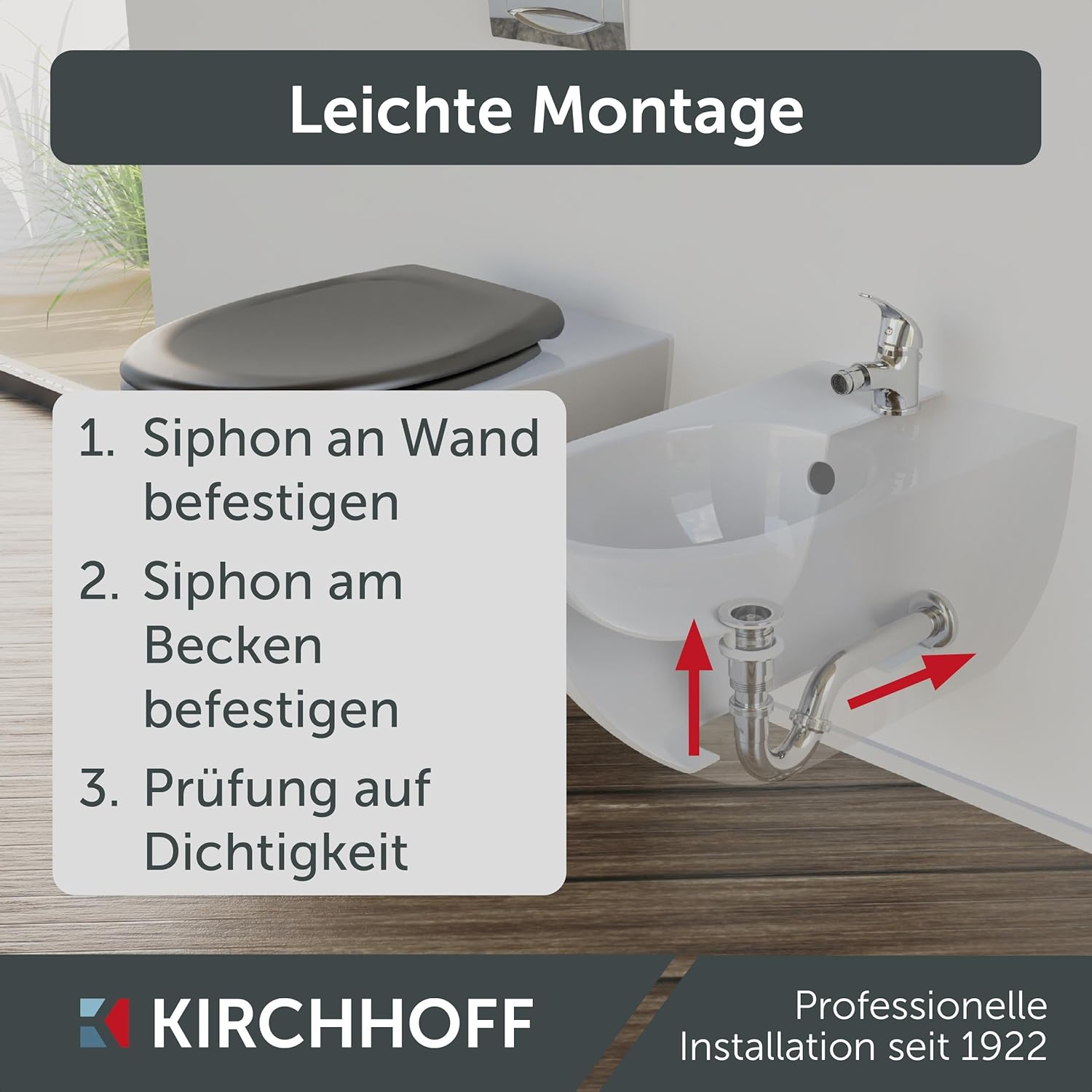Thumbnail 1 de KIRCHHOFF Siphon Bidet – Edelstahl-Siphon mit Abflussrohr und Tauchrohr, 1 1/4"/32 mm, Komplettset