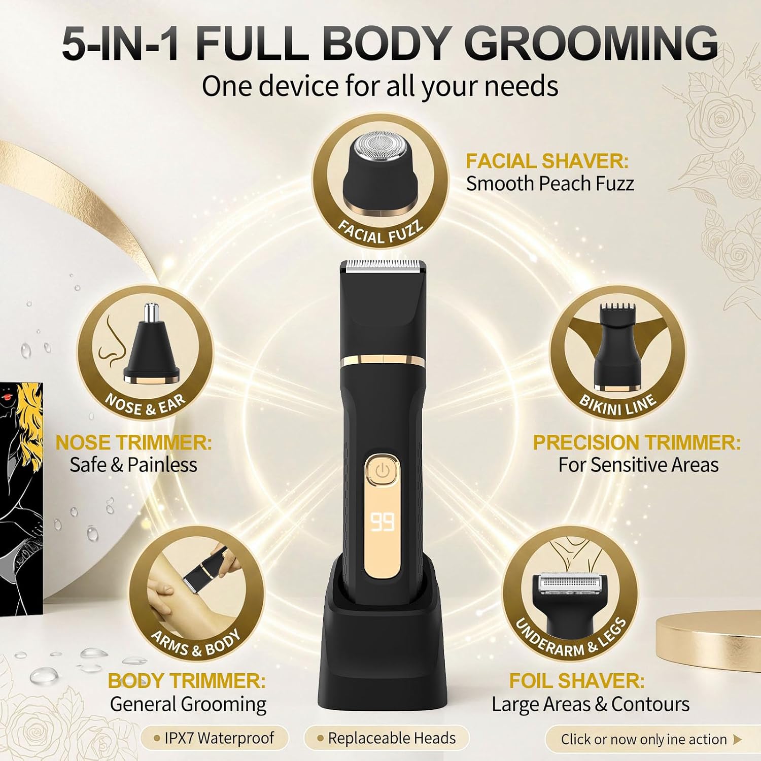 Detalle de KINGTEE L6D 5-in-1 Women's Bikini Trimmer, IPX7 Waterproof, USB-C Charging