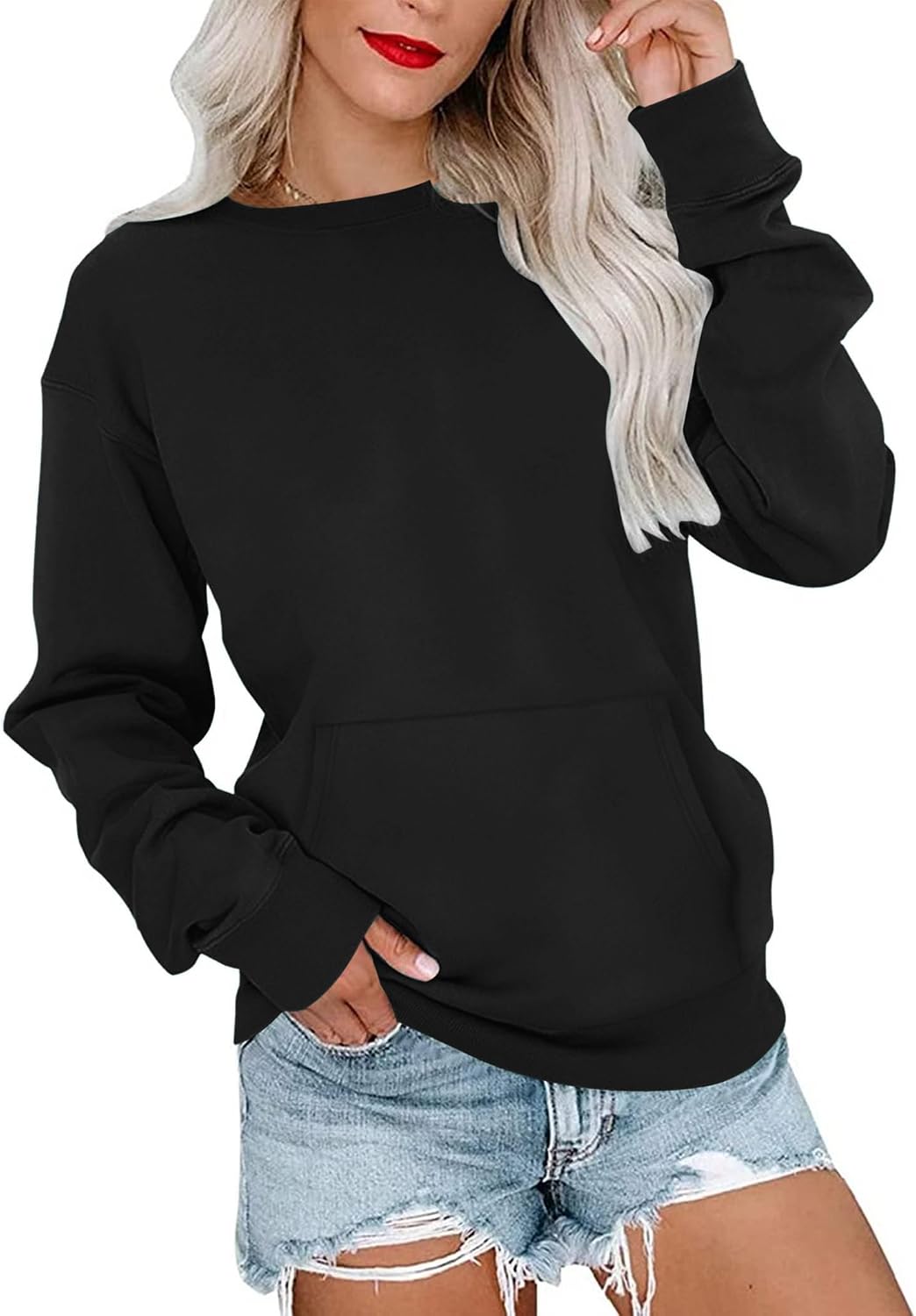 Detalle de MISFAY Women's Crewneck Sweatshirt with Kangaroo Pocket, Long Sleeves