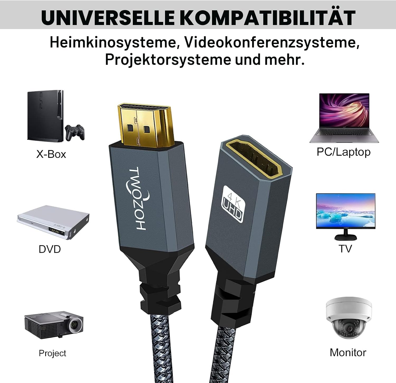 Detalle de Twozoh HDMI-Verlängerungskabel 2 m – 4K@60Hz, Geflochtenes Nylon, 24K vergoldete Kontakte