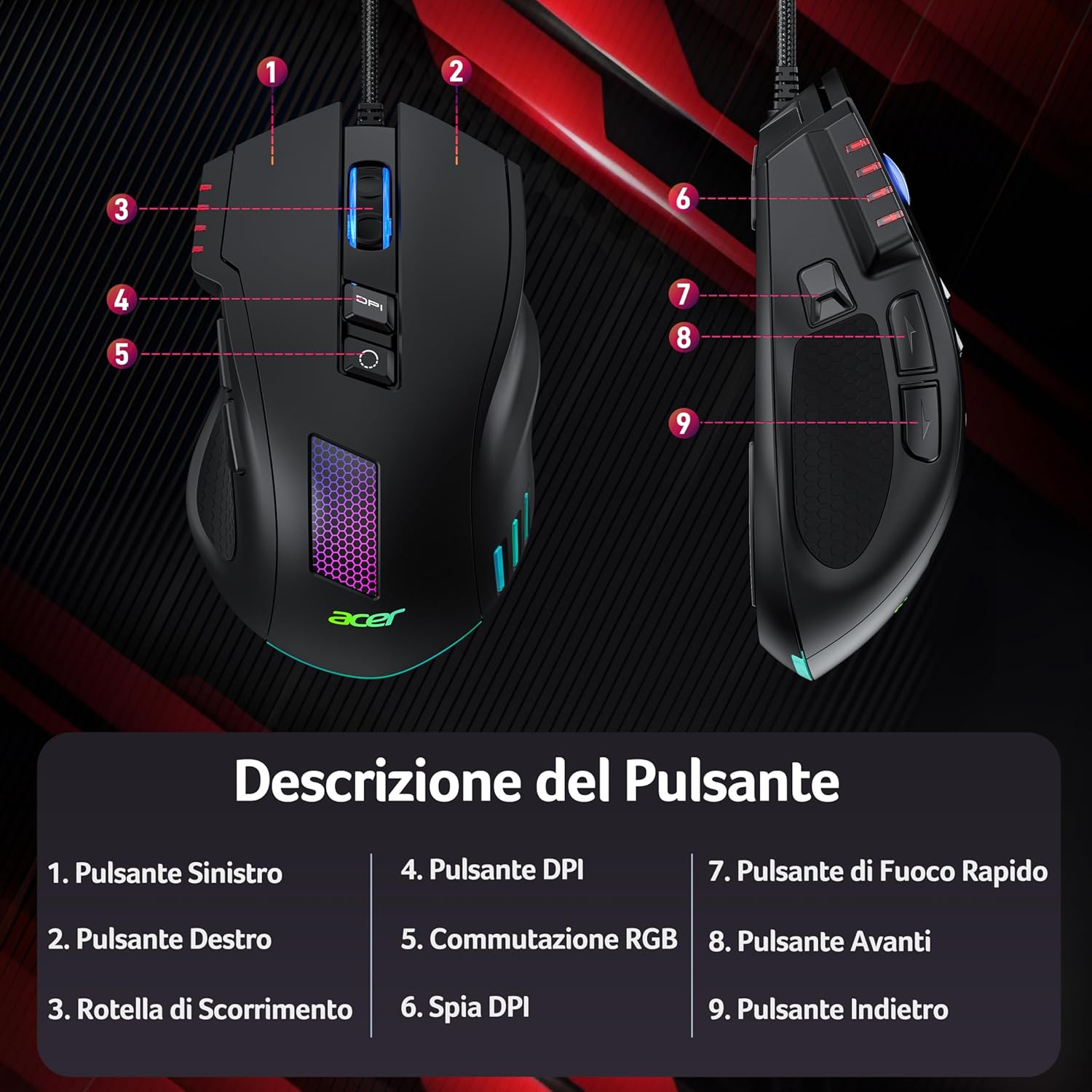 Detalle 2 de Acer Mouse Gaming cablato 12800 DPI, 8 pulsanti
