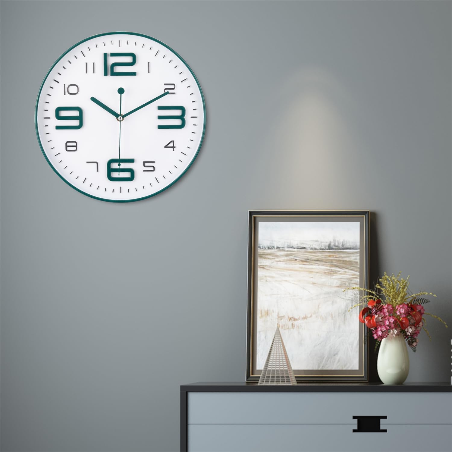 Detalle de Topkey Silent Wall Clock Kitchen 12 Inch – Retro Non-Ticking Decorative Clock in Blackish Green