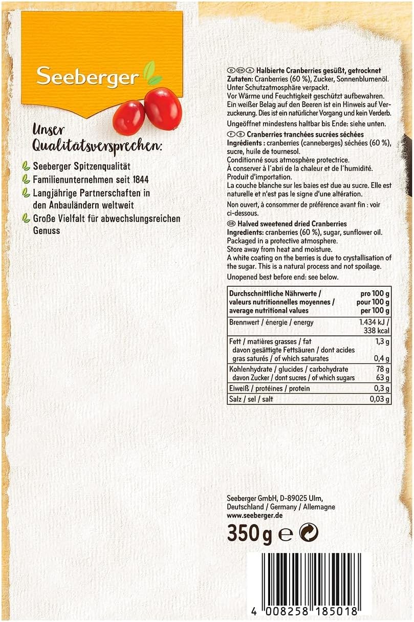 Detalle 2 de Seeberger Cranberries sucrées séchées non soufrées (1 x 350 g) pour snack et cuisine