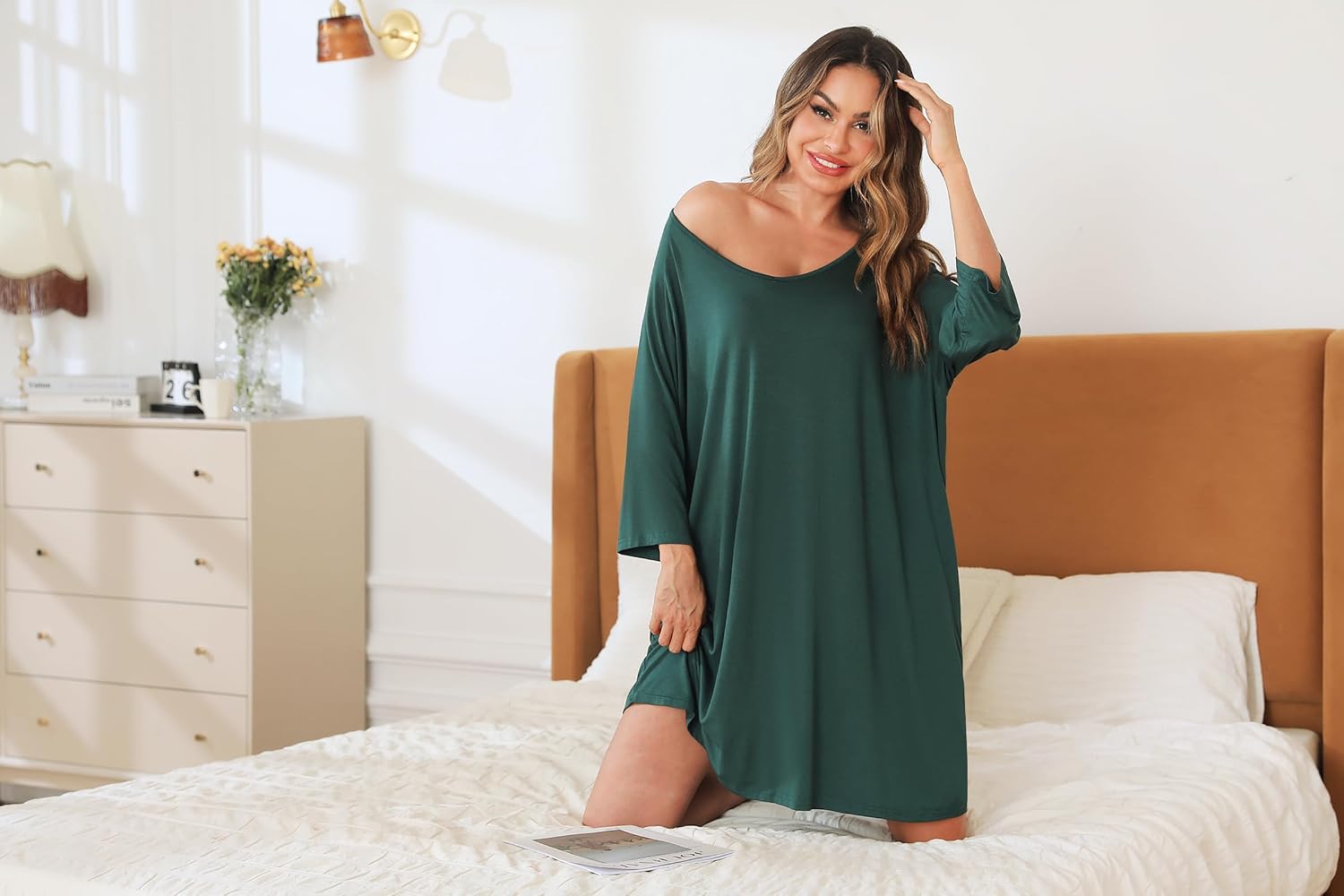 Detalle de Bresdk chemise de nuit femme manches 3/4 en coton modal et élasthanne (grande taille, grossesse)