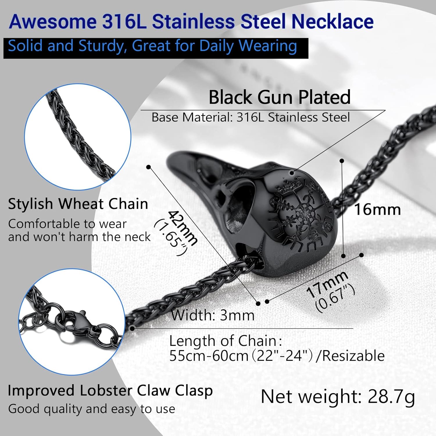 Thumbnail 5 de PROSTEEL Collier homme « Corbeau » en acier inoxydable 316L, plaqué or/noir et pendentif Viking