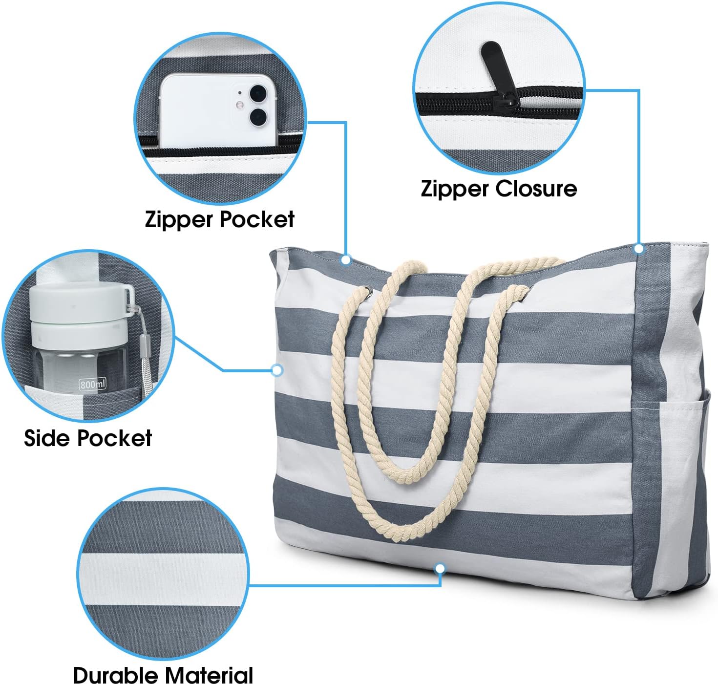 Thumbnail 3 de oscaurt Strandtasche „Streifen“ – wasserdichte XXL Tote Bag mit Reißverschluss
