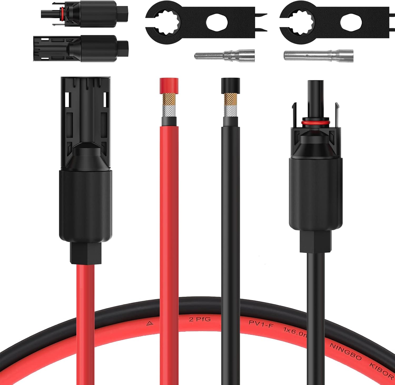 Detalle de BougeRV 6 Feet 8AWG Solar Extension Cable with Dual Connectors (Red + Black) — 6FT Pair Kit for Efficient Solar Wiring