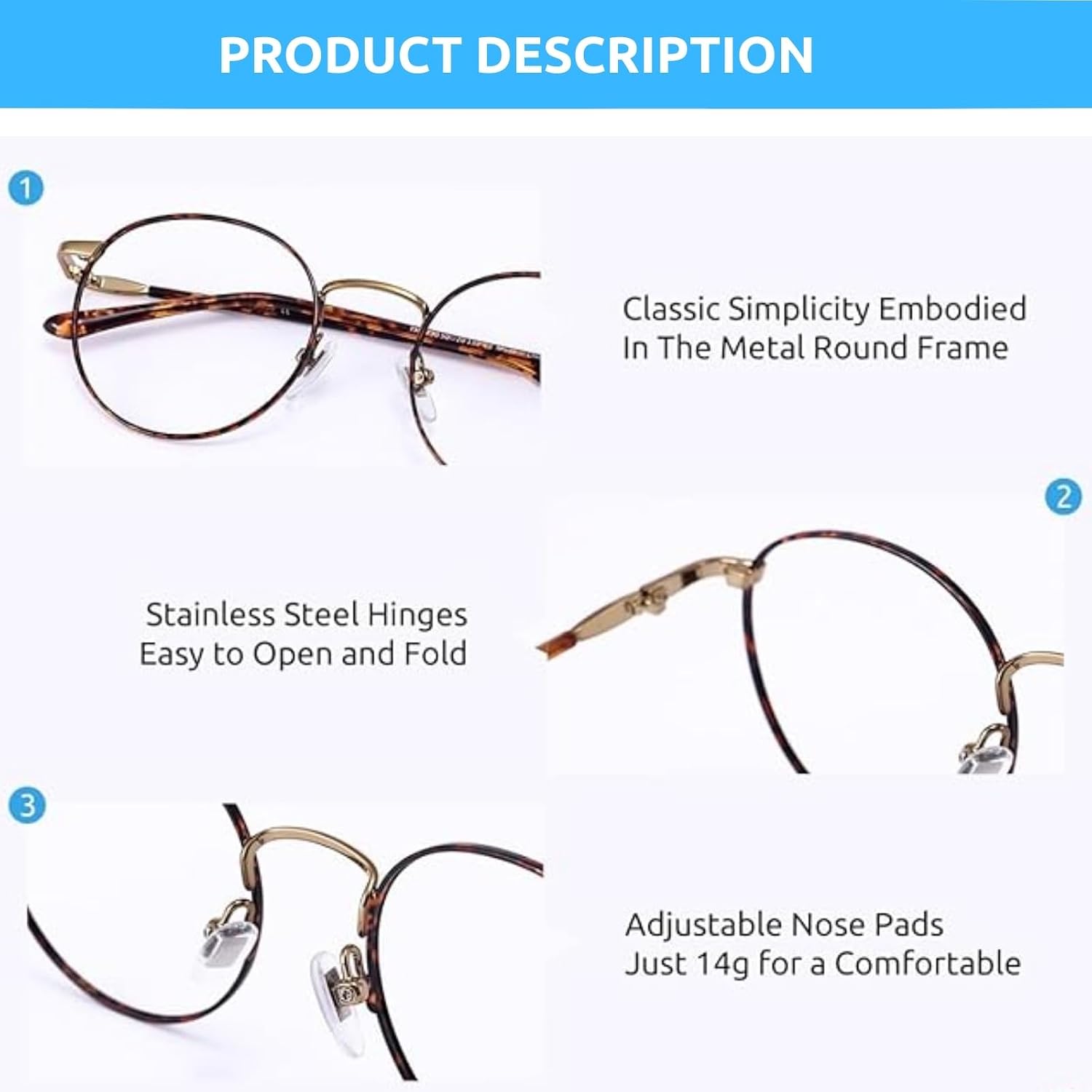 Detalle de Firmoo Reading Glasses 3.0 – Anti Blue Light, Round Metal Frame, Tortoise Shell