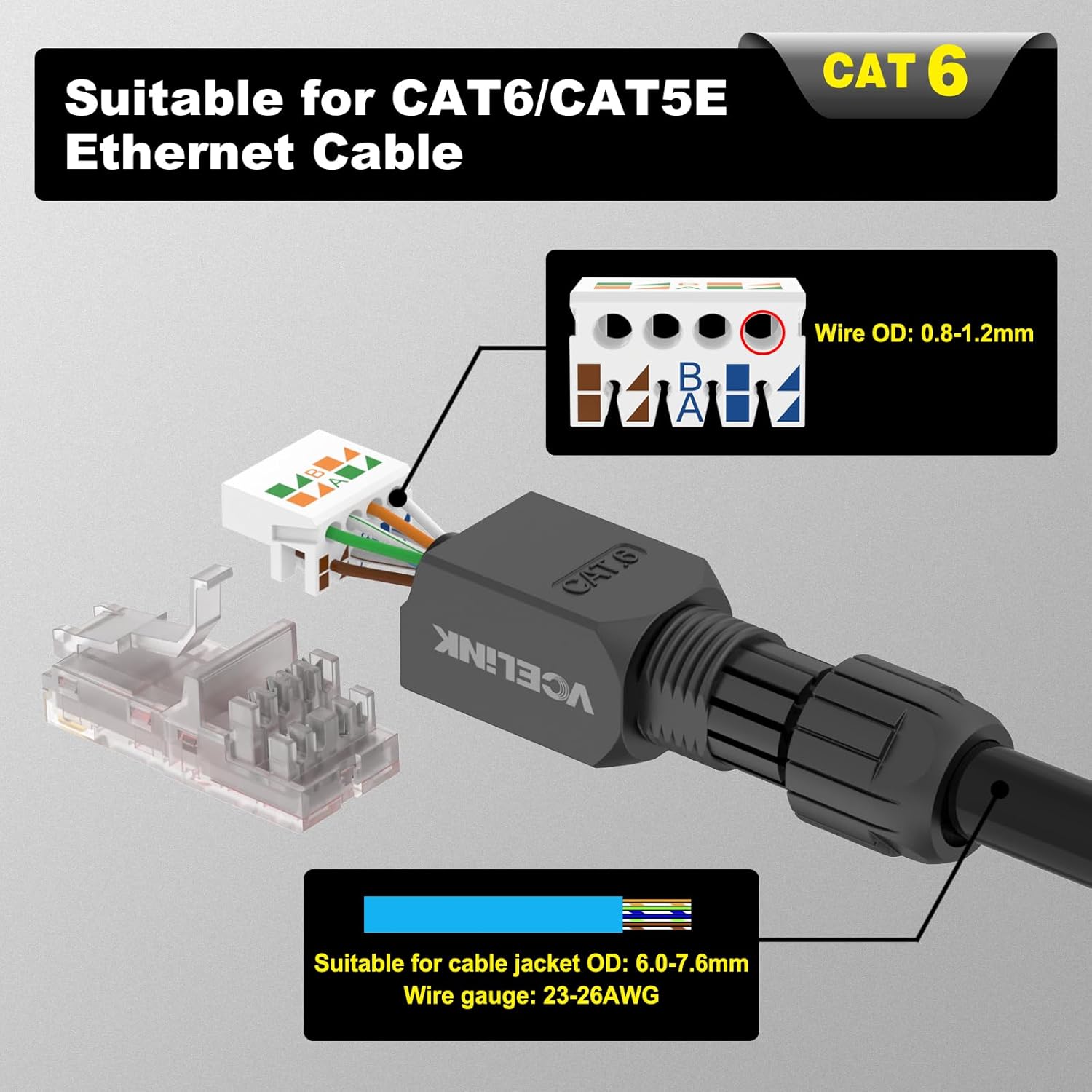 Thumbnail 2 de VCELINK Cat6 Tool-Free RJ45 Connectors (4-Pack) – 1000 Mbps, 250 MHz, Gold-Plated