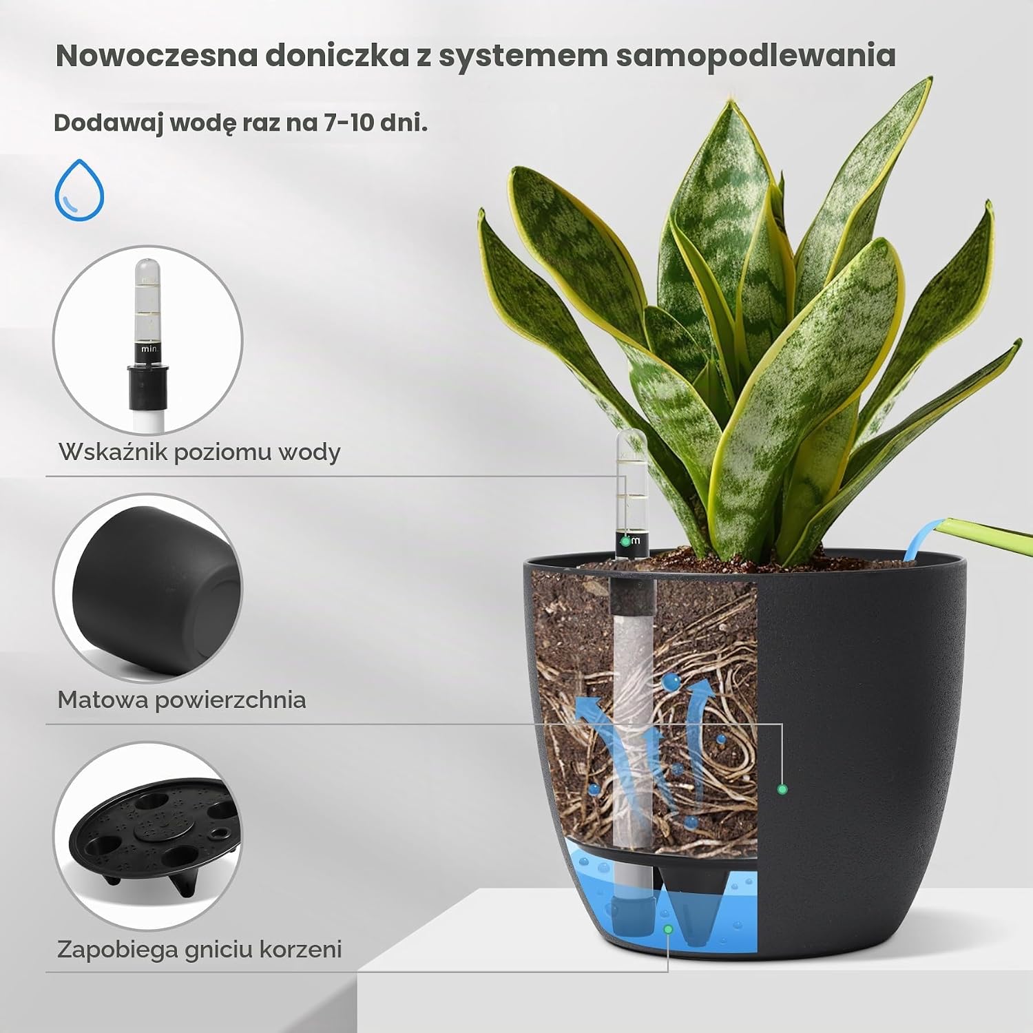 Detalle 2 de T4U L1-PG1315-XS-BK-4 – czarne doniczki samonawadniające 15 cm, 4 szt. ze wskaźnikiem