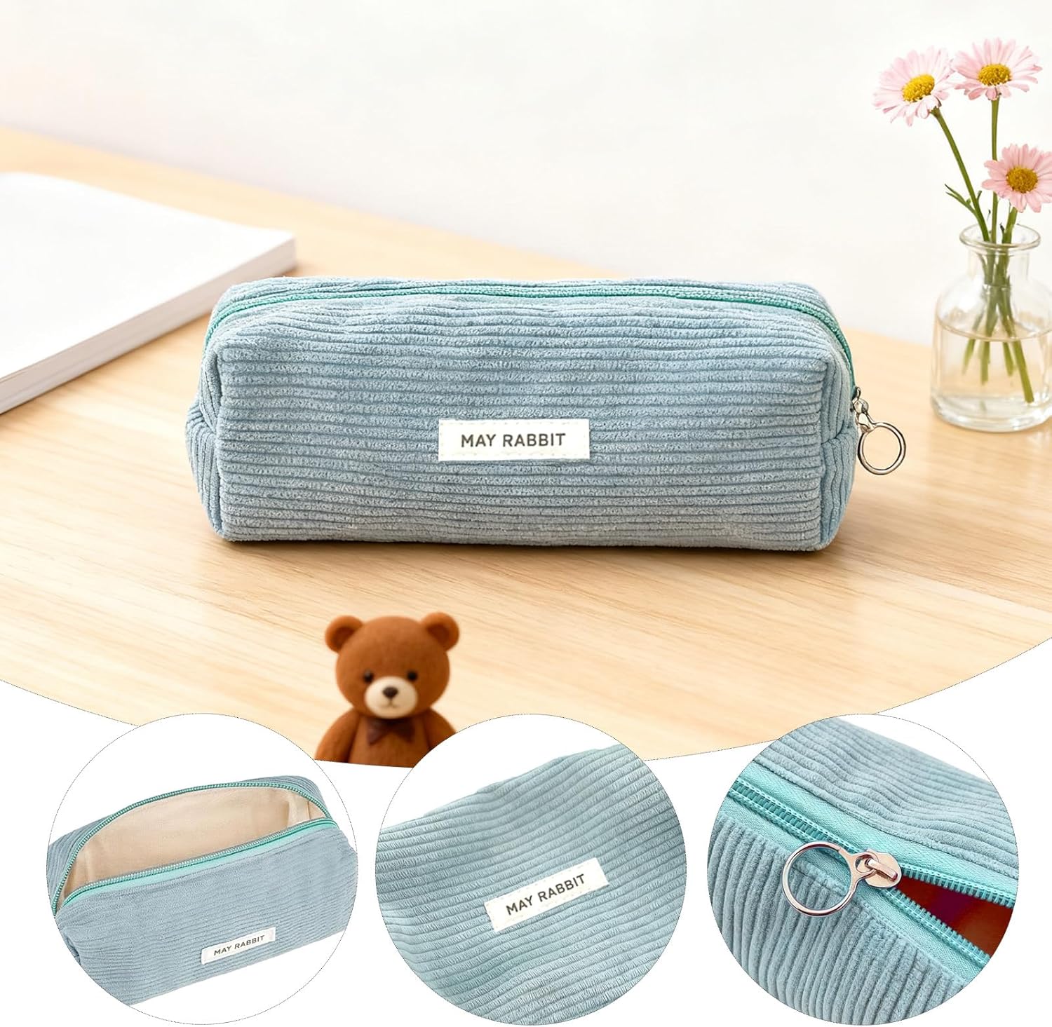 Detalle 2 de Vfrdsa Corduroy Pencil Case – Blue, Large Capacity for Stationery Storage