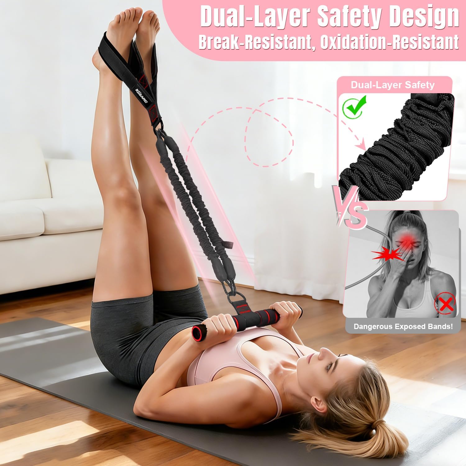 Detalle 2 de KUZARO Upgraded Multifunction Pedal Resistance Band with Handle — 3-Tube Adjustable 30–90 lb, Full-Body Sit-Up & Pilates Kit for Women