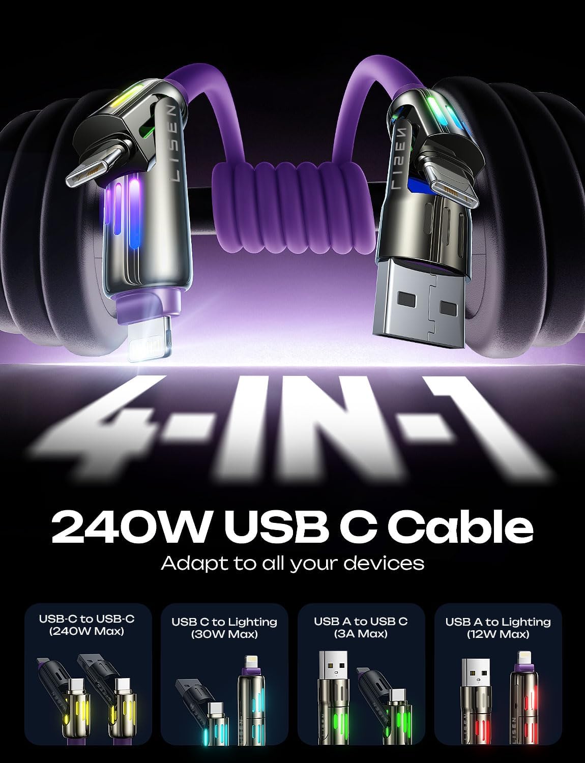Detalle 2 de LISEN 70427P 4-in-1 Charging Cable, 6.6 ft, 240W, Purple