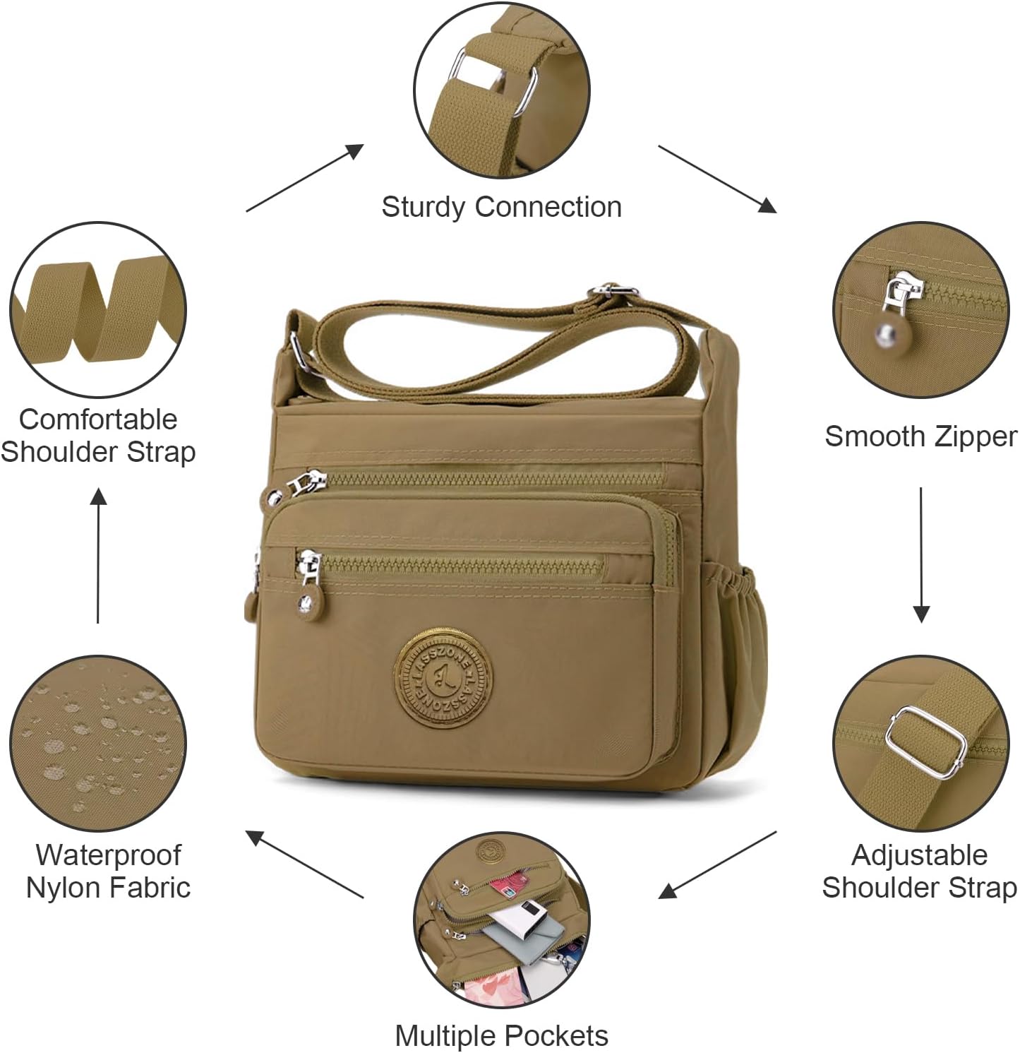 Detalle de LassZone Women's Multi-Pocket Crossbody Bag – Practical, Lightweight Nylon Day-to-Day Bag