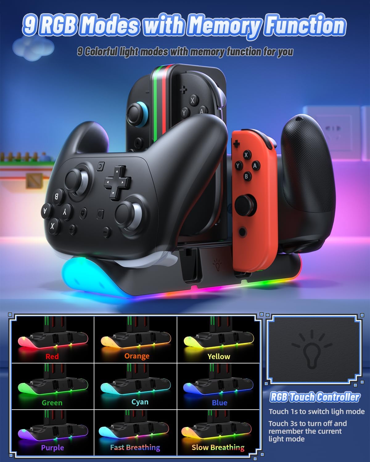 Thumbnail 1 de FASTSNAIL Charging Dock for Nintendo Switch 1/2 Controllers (9 RGB Lighting, Magnetic Storage)
