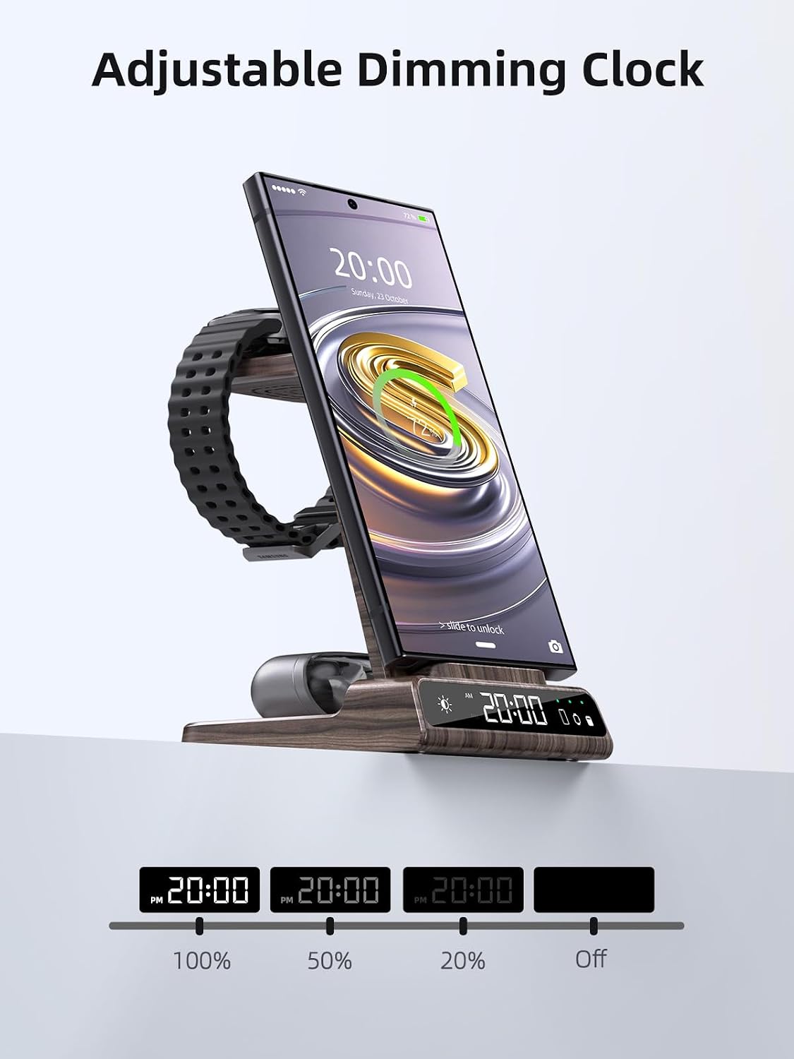 Detalle 2 de Station de charge induction 3 en 1 Samsung (S25 Ultra, Galaxy Watch, Galaxy Buds 2) avec horloge digitale