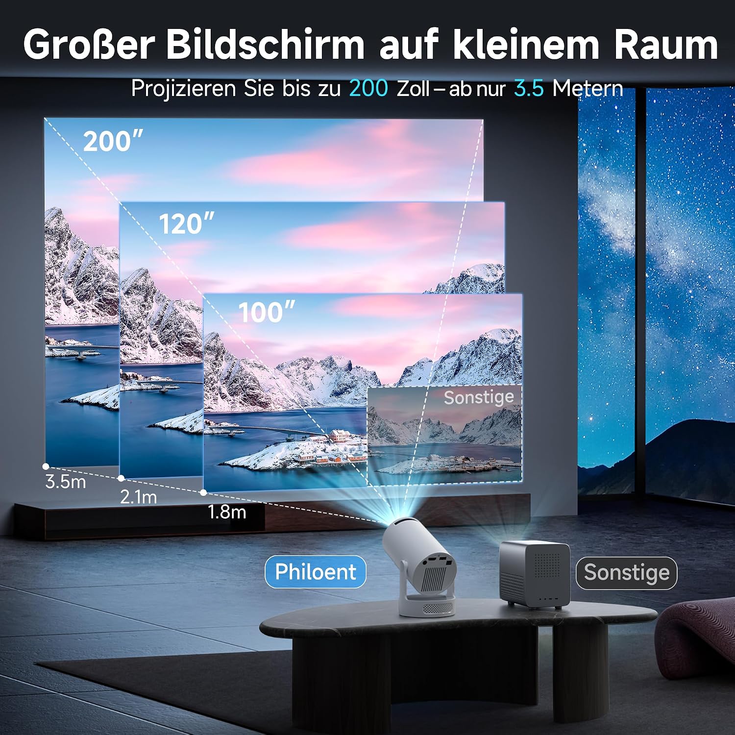 Detalle de Philoent Mini Beamer – Smart Projektor 4K/1080p, WiFi 6 & Bluetooth 5.4