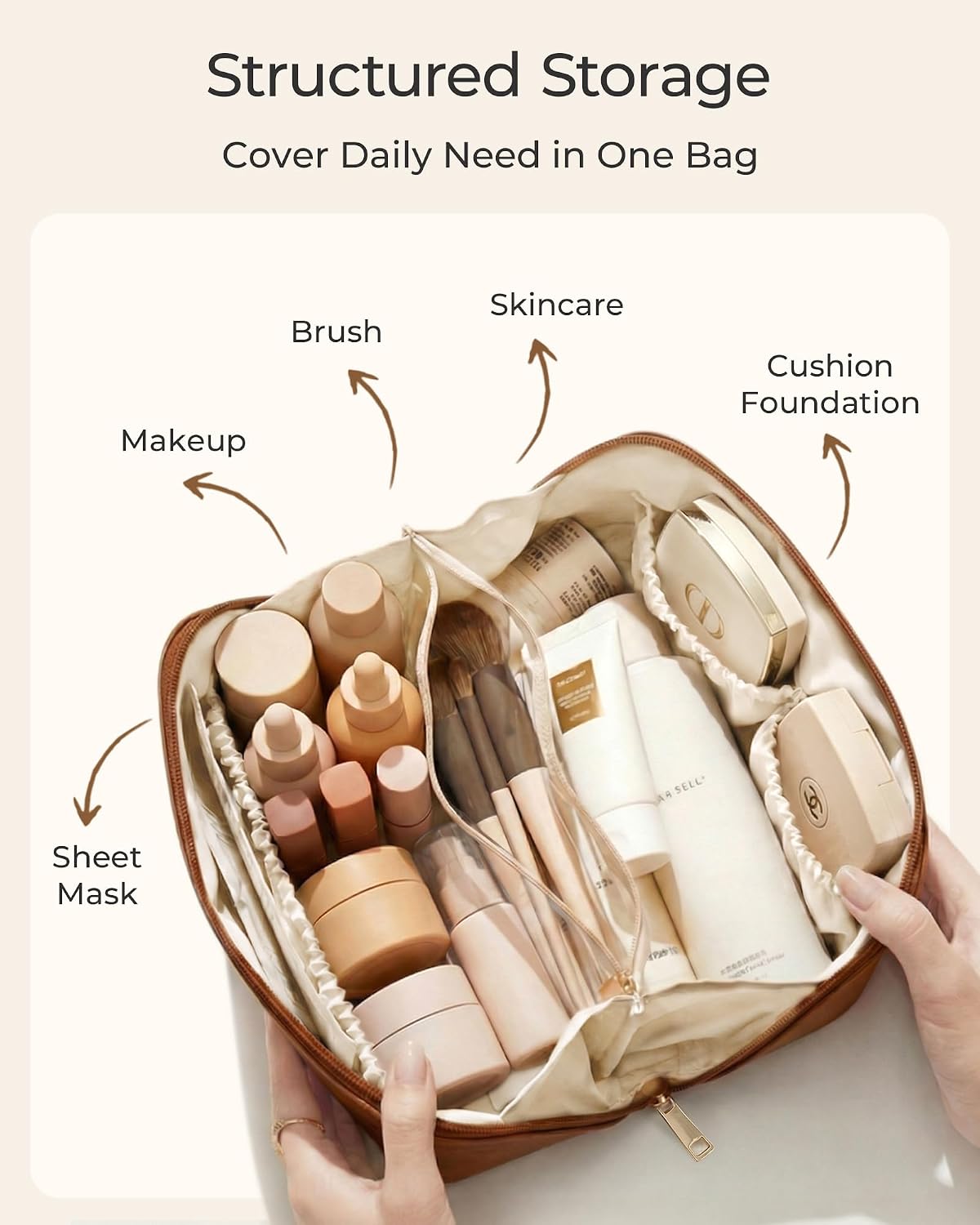 Detalle de BAGSMART Travel Makeup Bag (Flat Lay) PU Leather Cosmetic Organiser with Clear Pocket — Beige