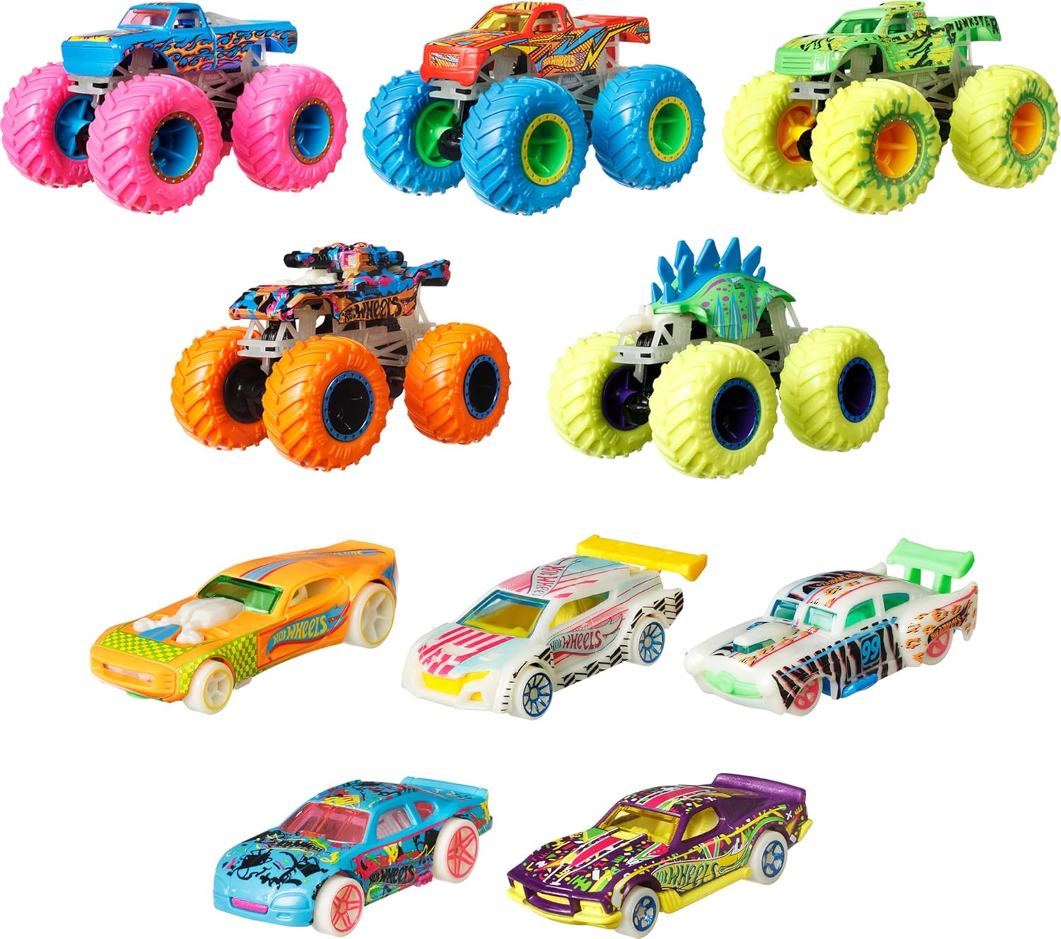 Thumbnail 1 de Hot Wheels Monster Trucks 10-Pack (Glow-in-the-Dark) 1:64 Scale, 5 Trucks & 5 Cars Set