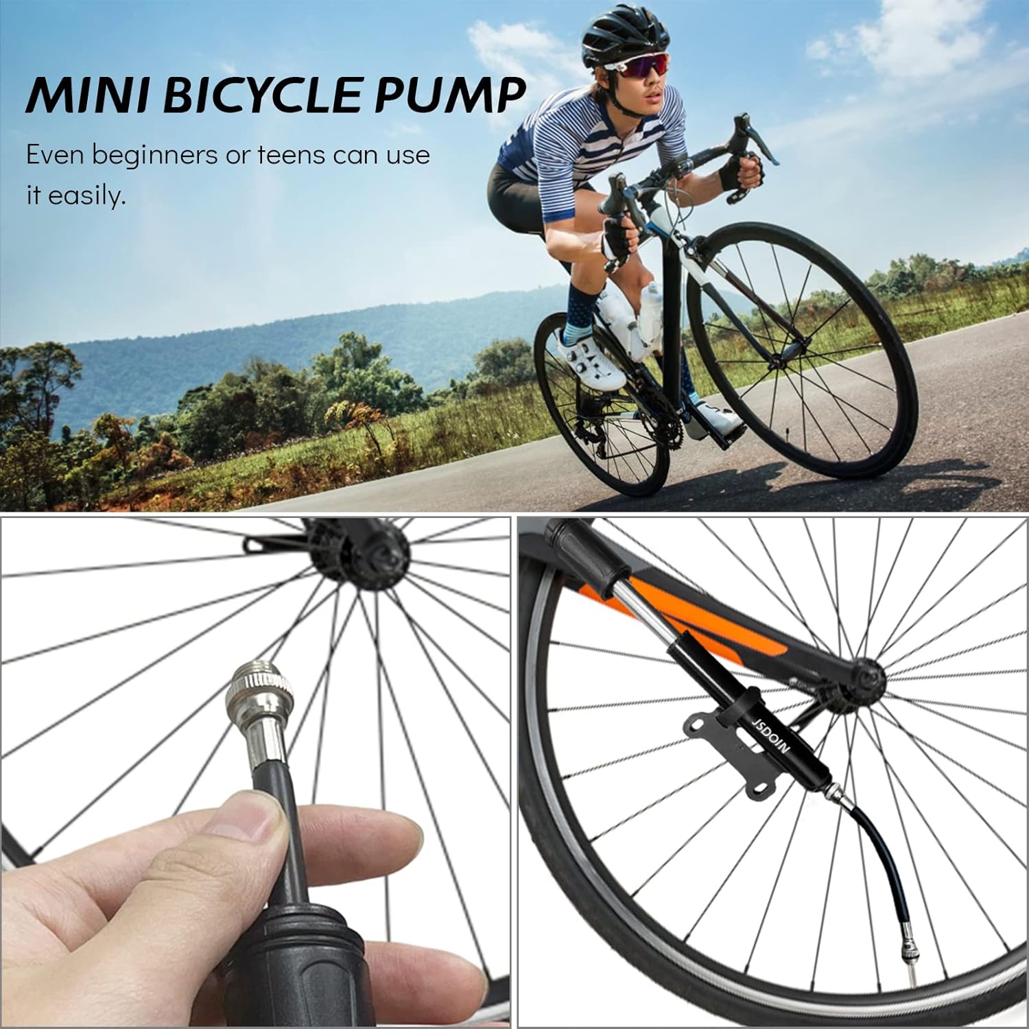 Thumbnail 4 de Jsdoin Portable Mini Bike Pump for Presta & Schrader