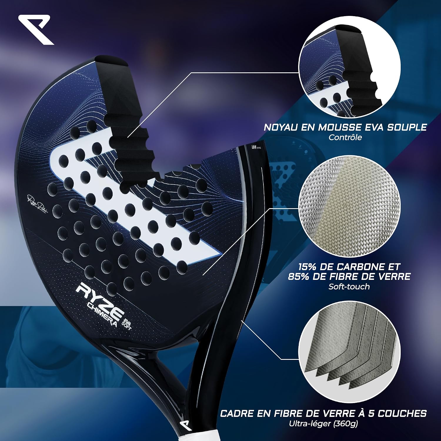 Detalle 2 de RYZE Chimera raquette de padel Carbone & Fibre de verre (contrôle + précision maximum) avec noyau EVA-15 Flex