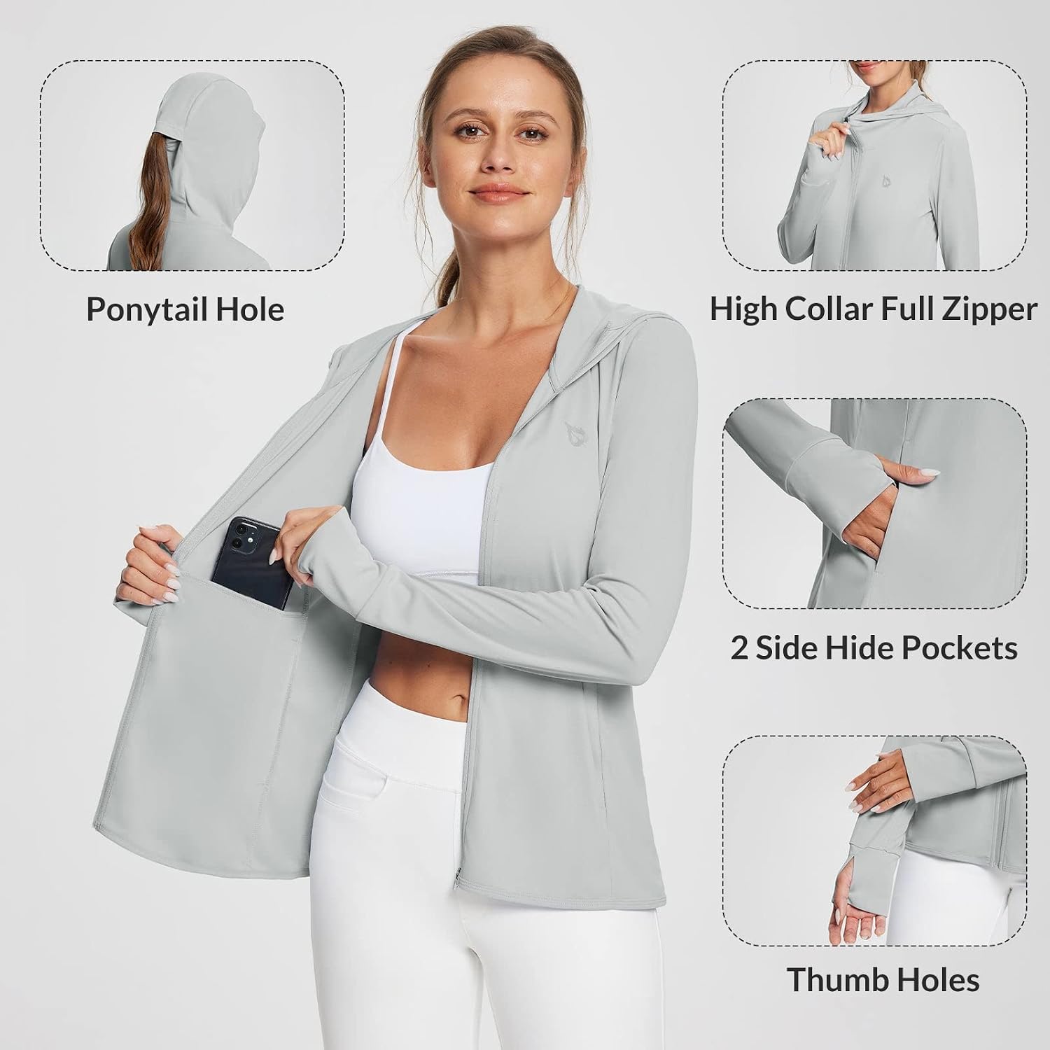Detalle de Baleaf Women's Sun Protection Jacket Hoodie: Lightweight UPF 50+ Long Sleeve Cover Up